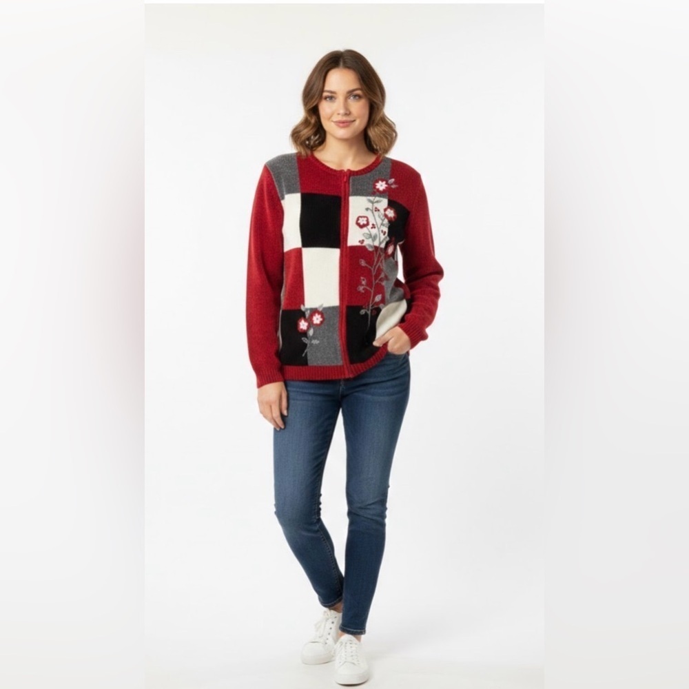 Alfred Dunner Red and Gray Floral Knit Cardigan